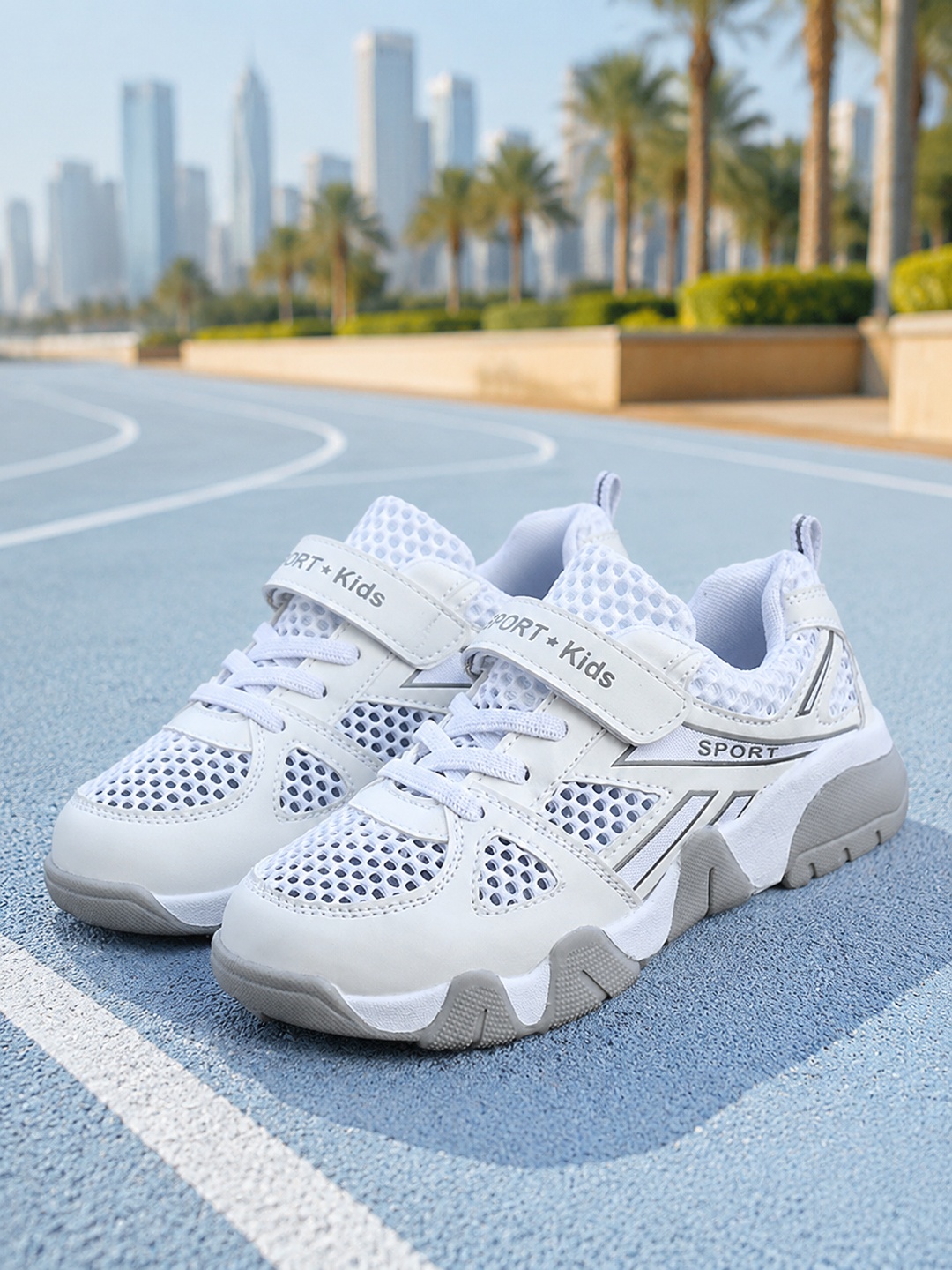 Kids White Mesh Sport Sneakers with Velcro