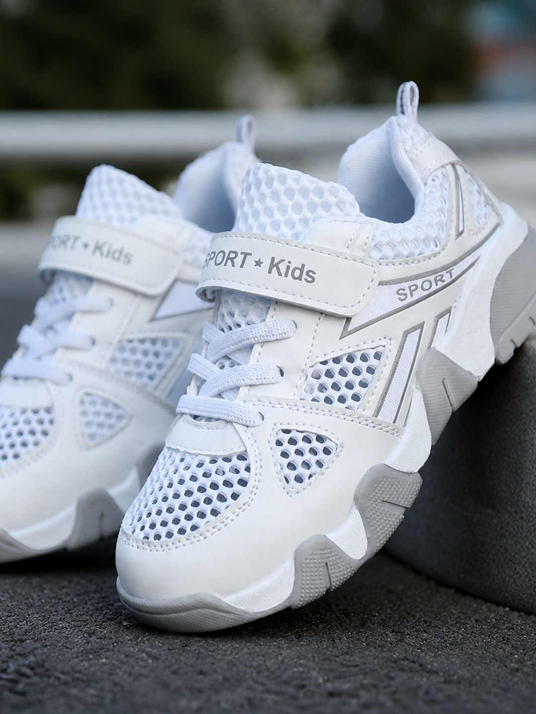 Kids White Mesh Sport Sneakers with Velcro