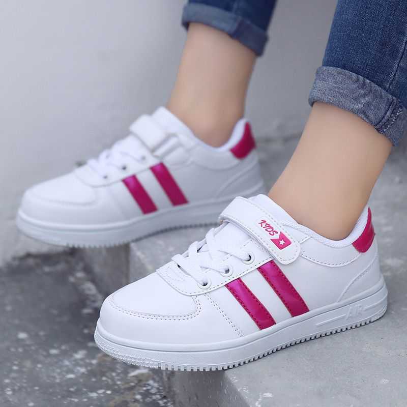 Kids White and Pink Striped Velcro Sneakers