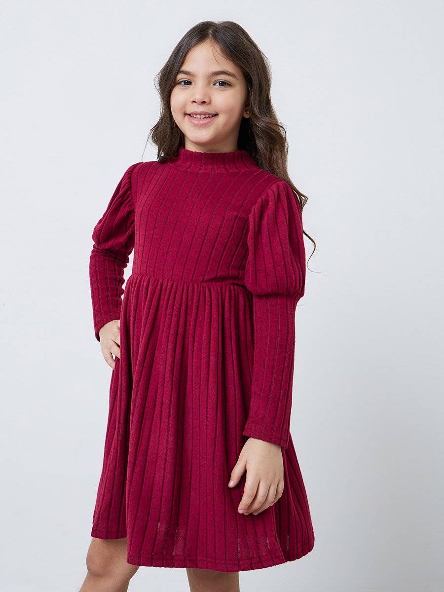 Girls Burgundy High Neck Knitted Dress and Plush Vest Set