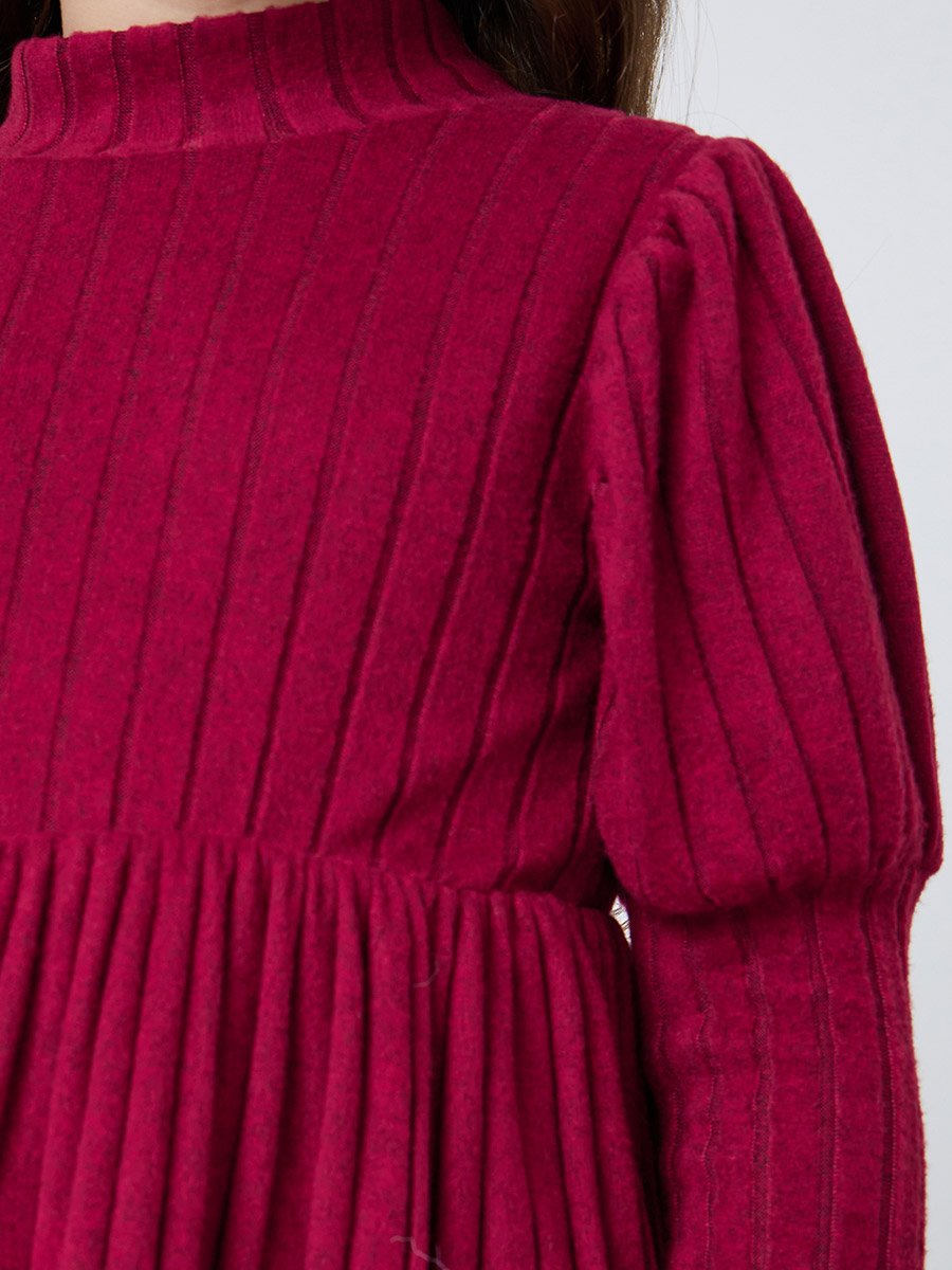 Girls Burgundy High Neck Knitted Dress and Plush Vest Set