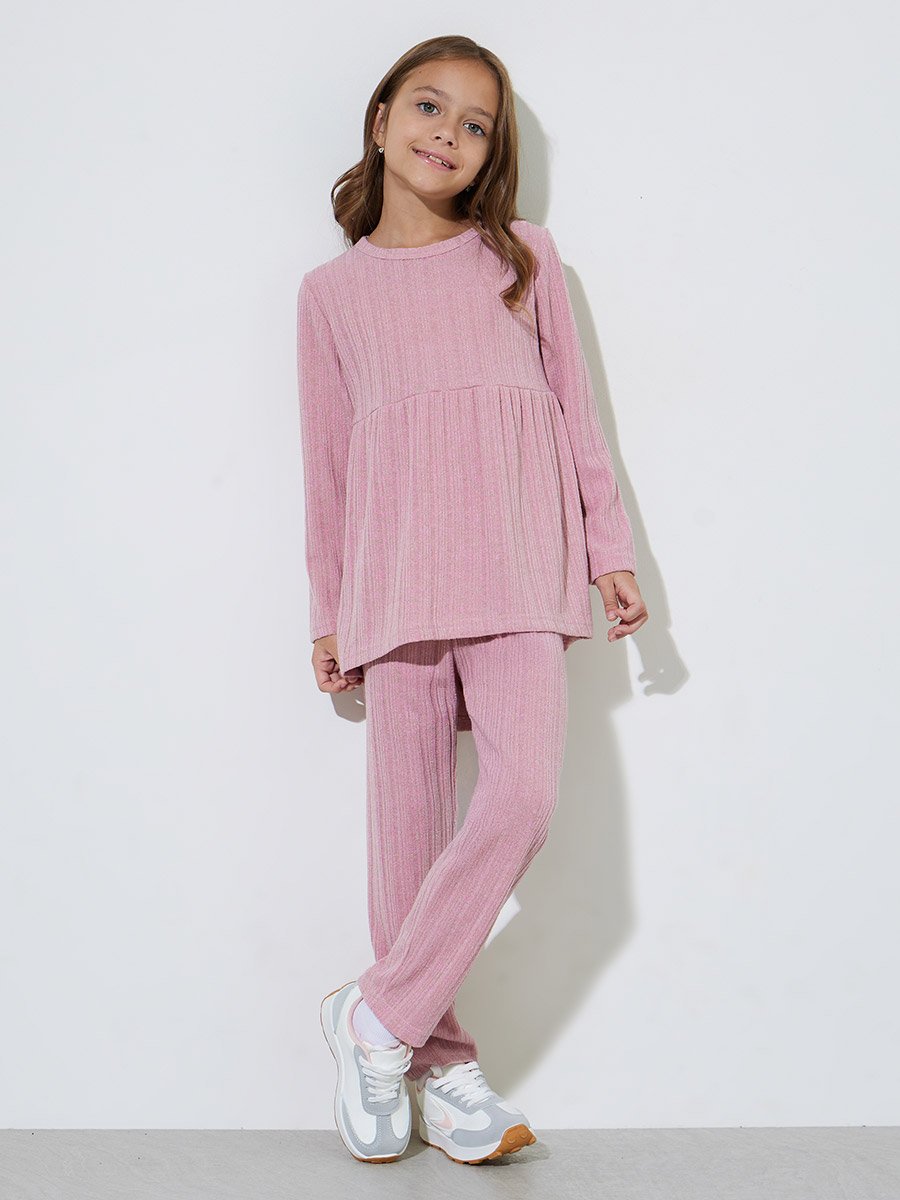 Girls Pink Textured Long Sleeve Top and Straight Leg Pants Set