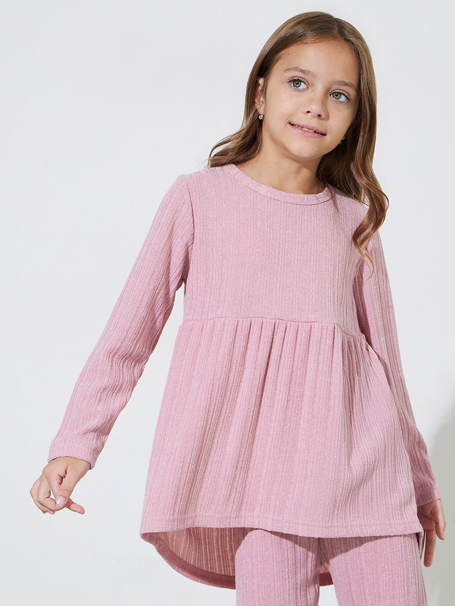Girls Pink Textured Long Sleeve Top and Straight Leg Pants Set