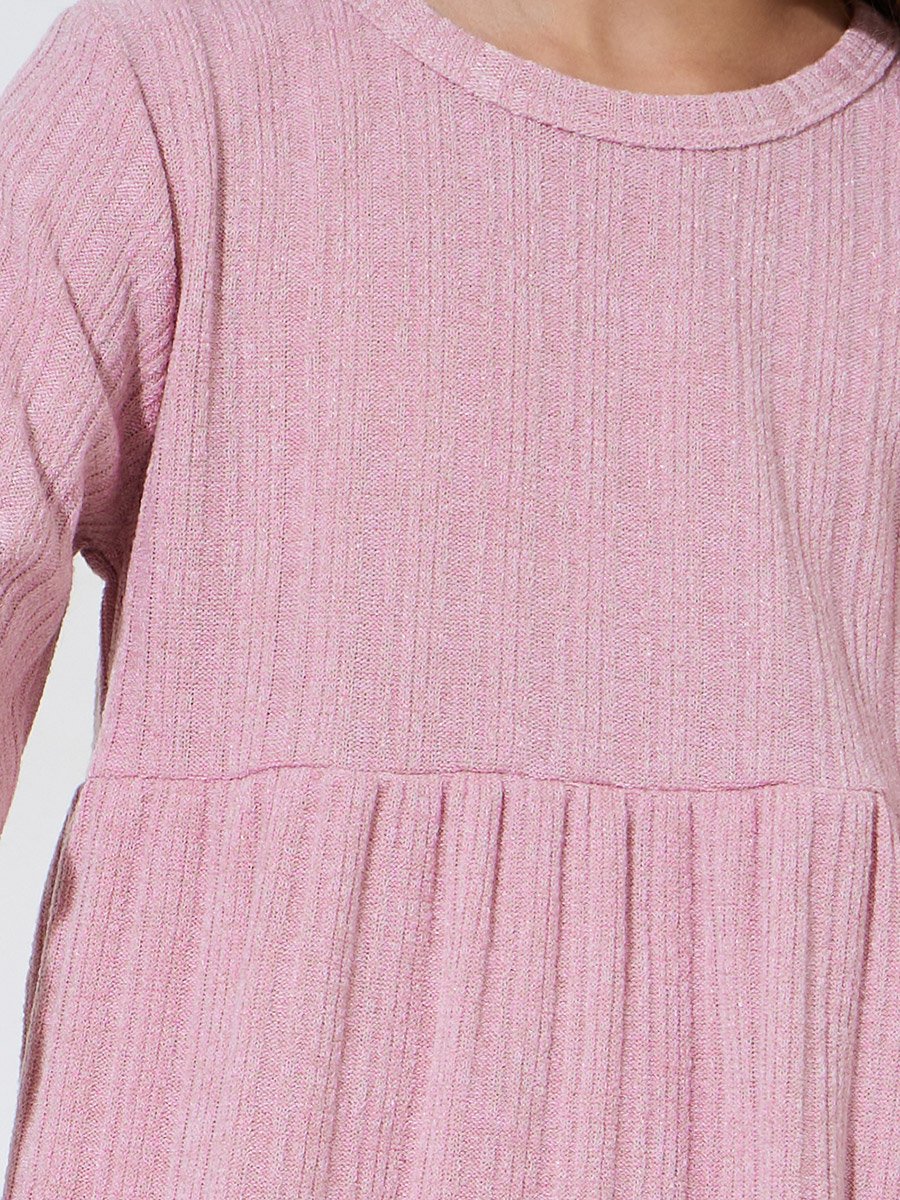 Girls Pink Textured Long Sleeve Top and Straight Leg Pants Set