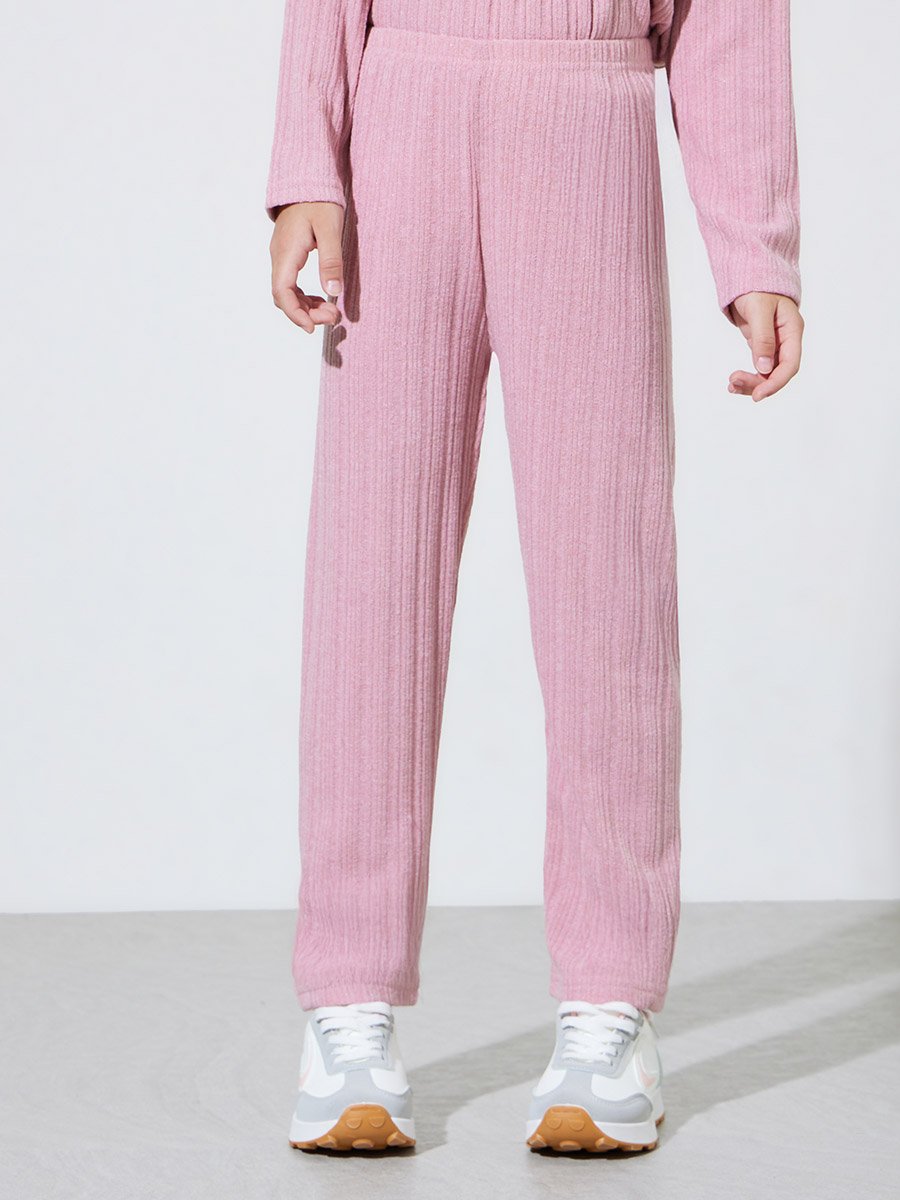 Girls Pink Textured Long Sleeve Top and Straight Leg Pants Set