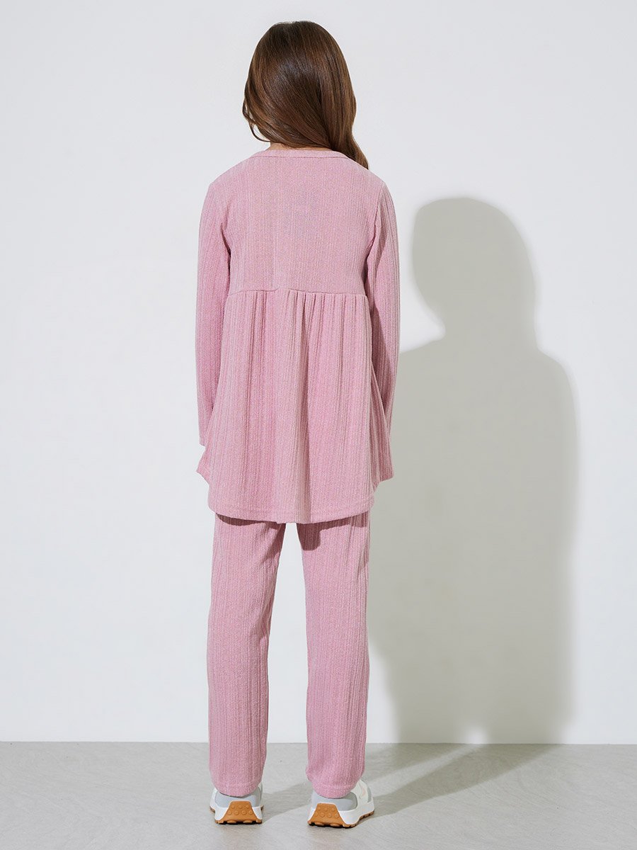 Girls Pink Textured Long Sleeve Top and Straight Leg Pants Set