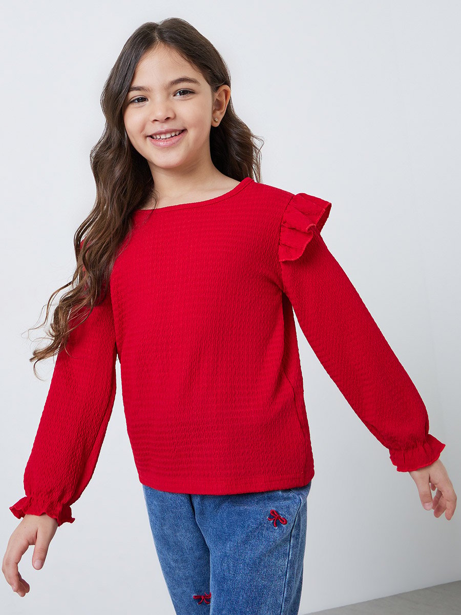 Girls Red Ruffle Long Sleeve Top and Embroidered Jeans Set