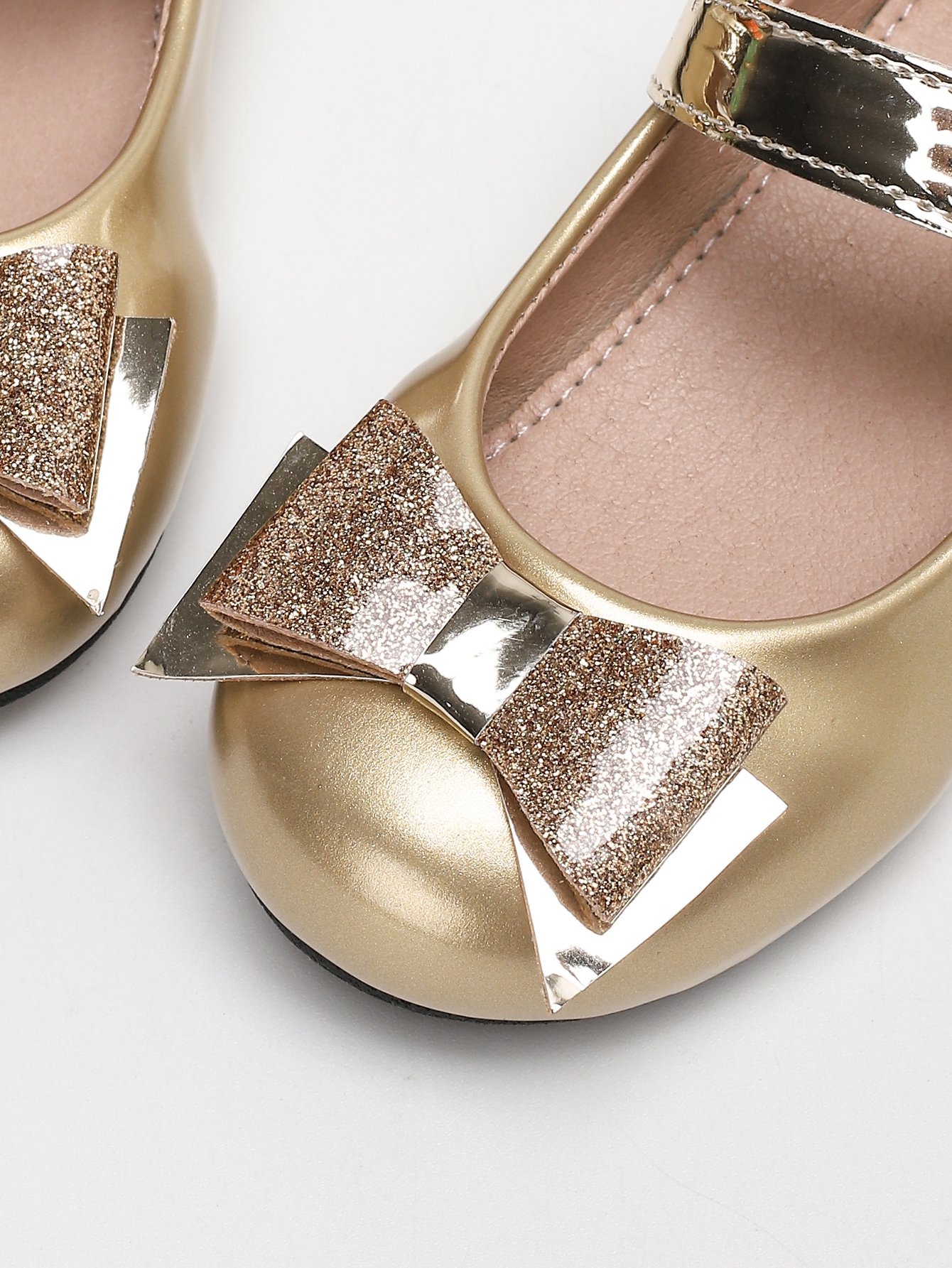 Girls Gold Glitter Bow Velcro Ballerinas