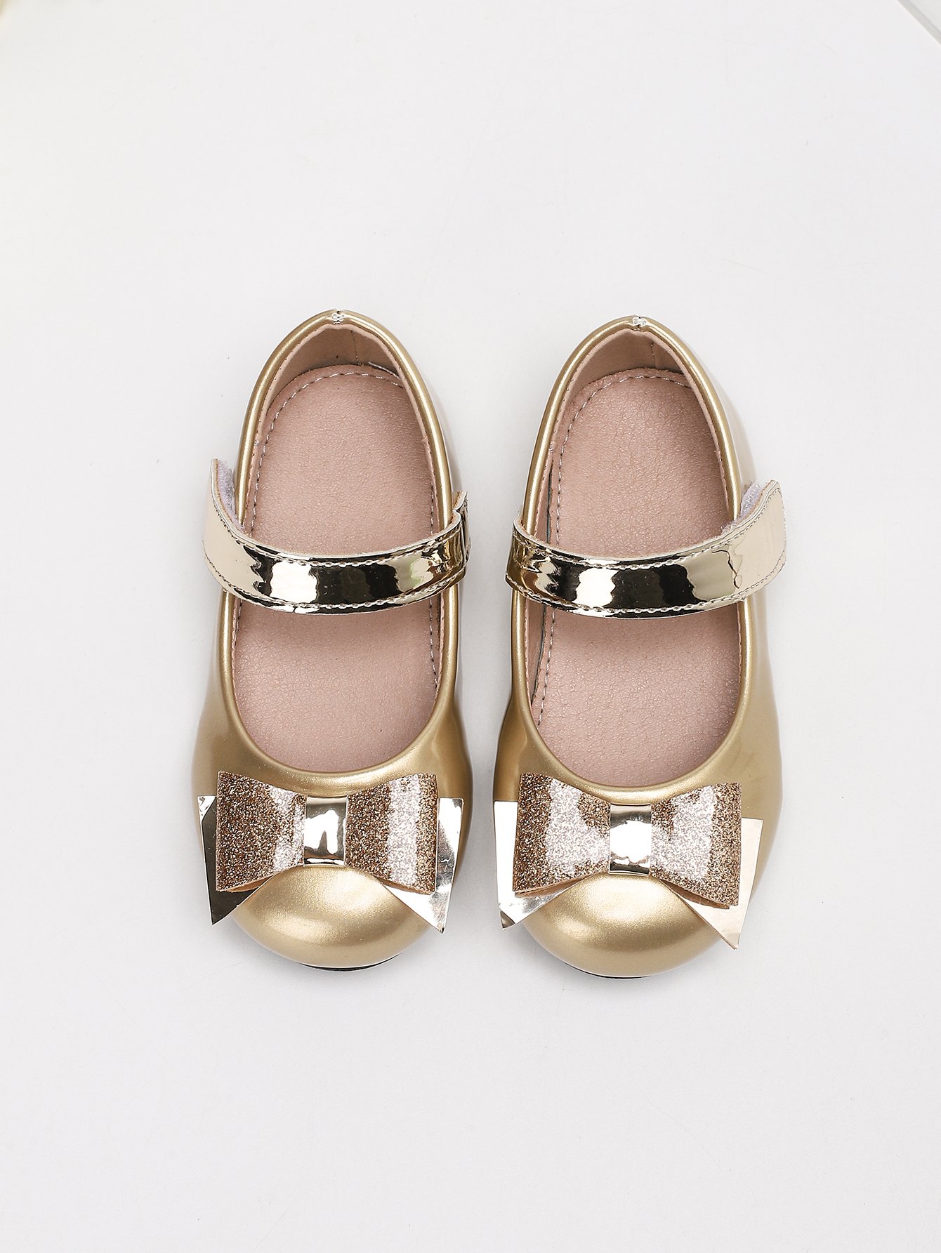 Girls Gold Glitter Bow Velcro Ballerinas