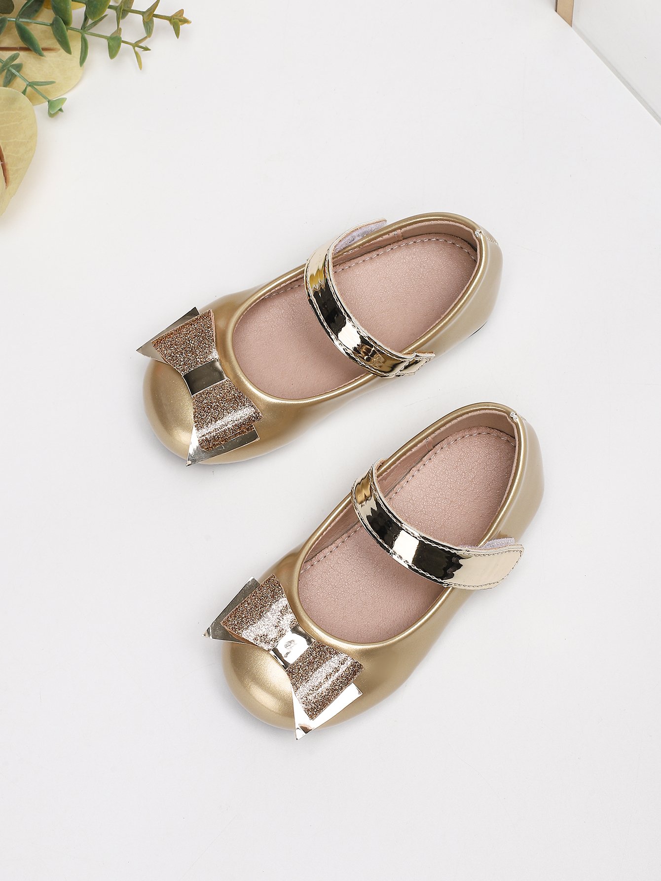 Girls Gold Glitter Bow Velcro Ballerinas