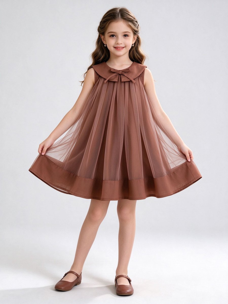 Coffee Brown Sleeveless Mesh Insert Dress