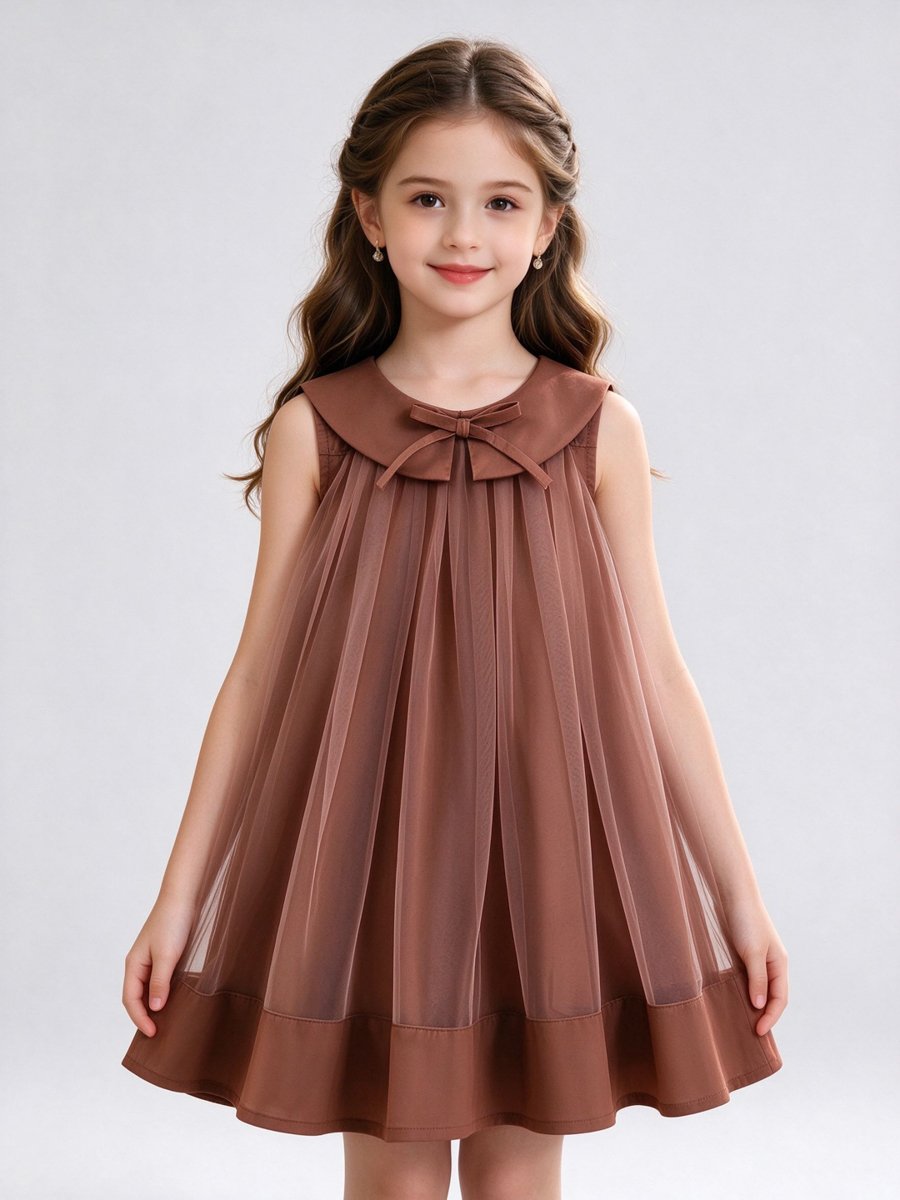 Coffee Brown Sleeveless Mesh Insert Dress