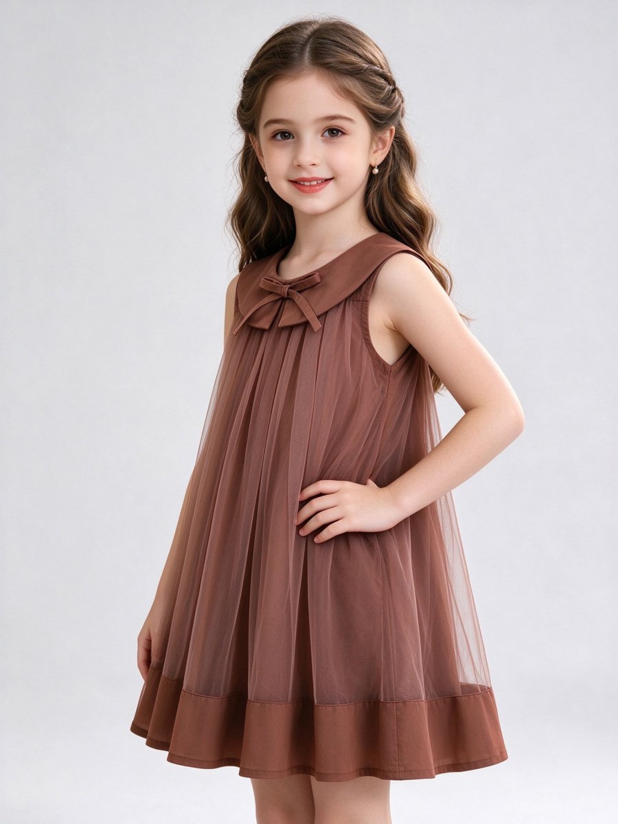 Coffee Brown Sleeveless Mesh Insert Dress