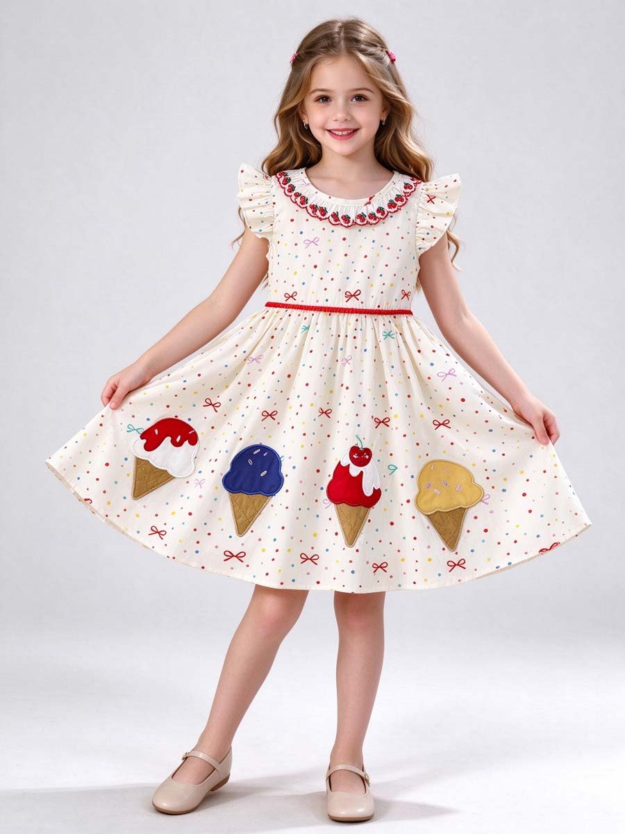 Beige Ice Cream Applique Polka Dot Dress