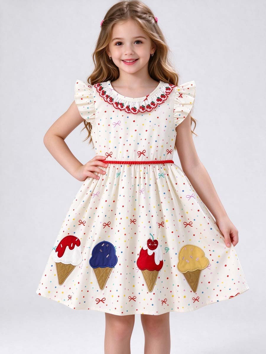 Beige Ice Cream Applique Polka Dot Dress