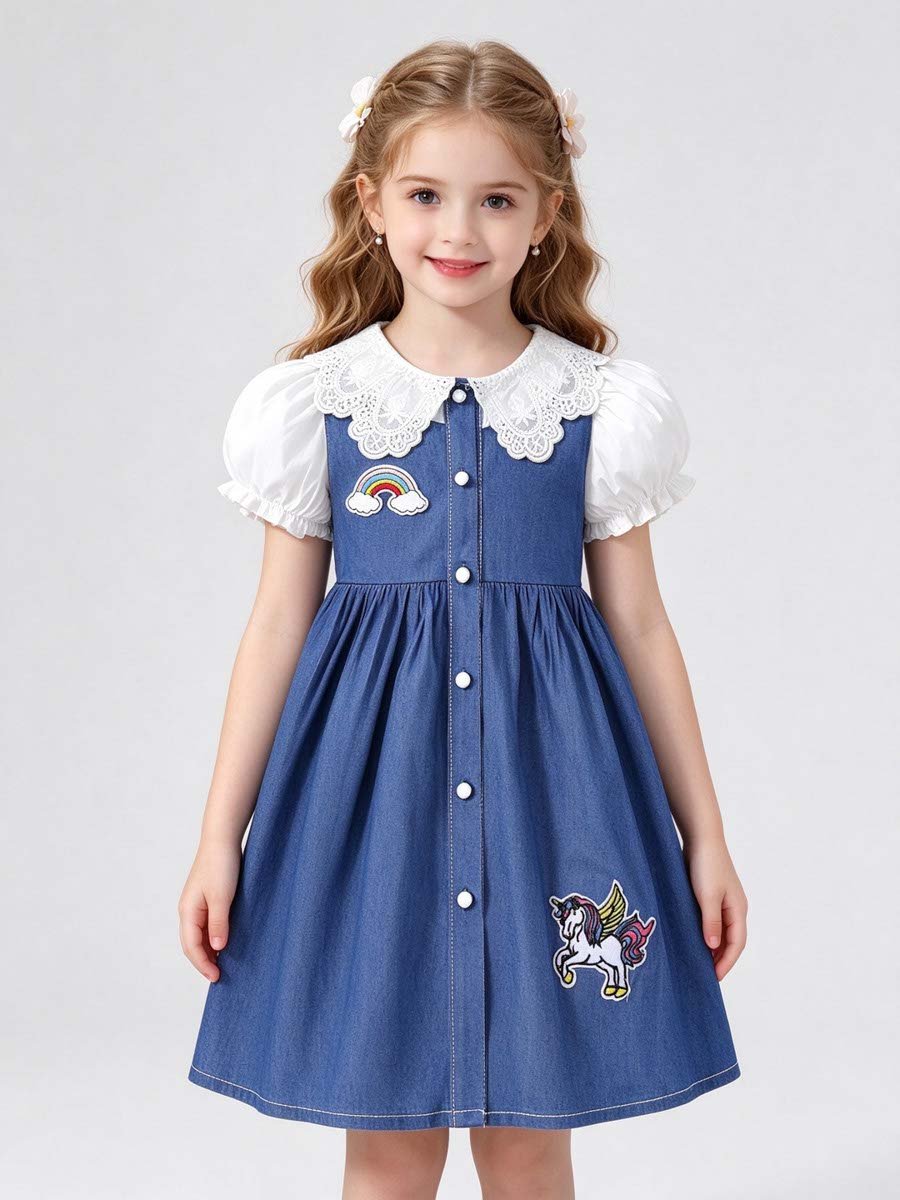 Blue Denim-Look Dress with Patch Detail