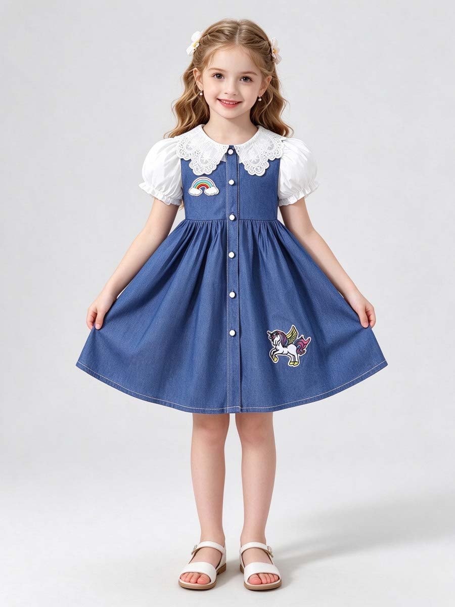 Blue Denim-Look Dress with Patch Detail