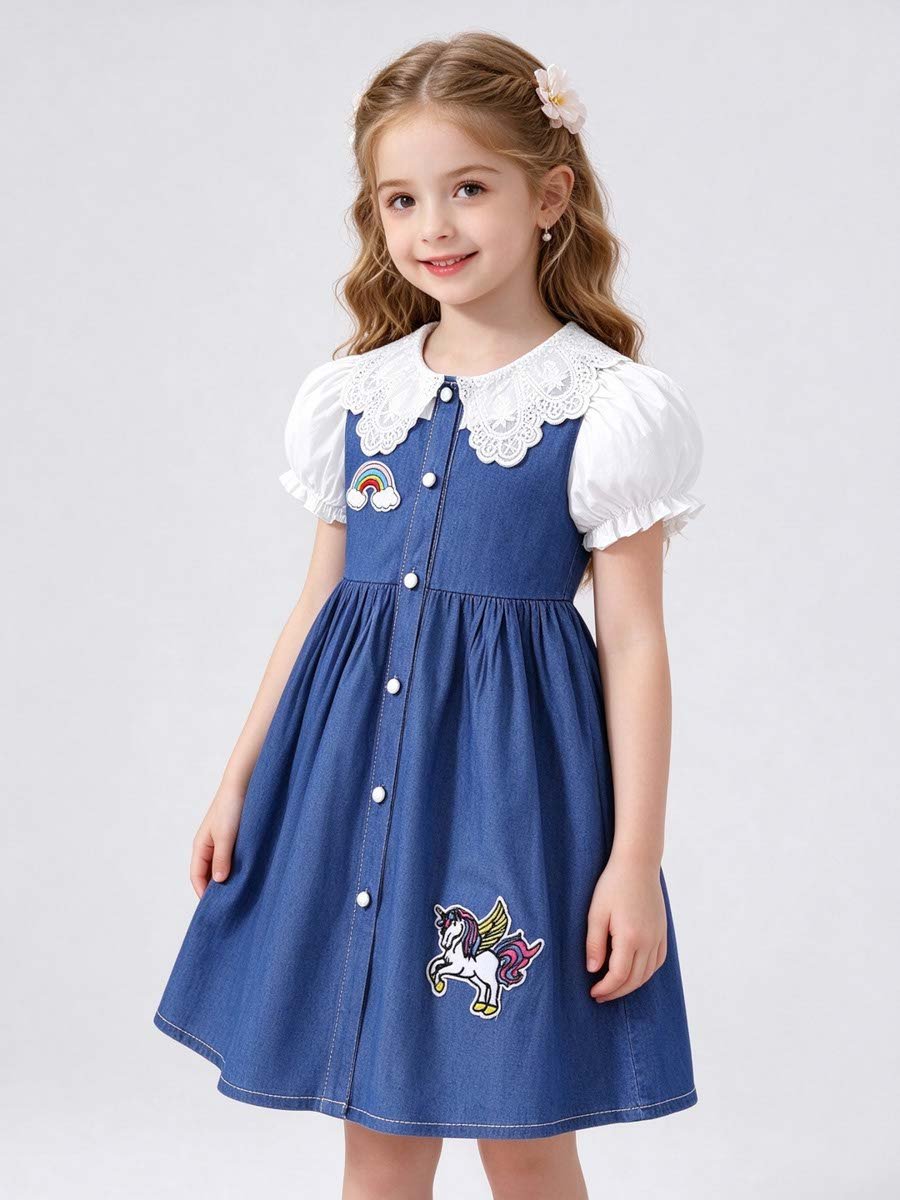 Blue Denim-Look Dress with Patch Detail