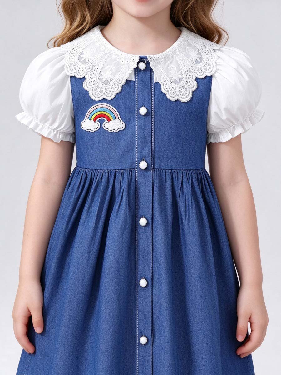 Blue Denim-Look Dress with Patch Detail