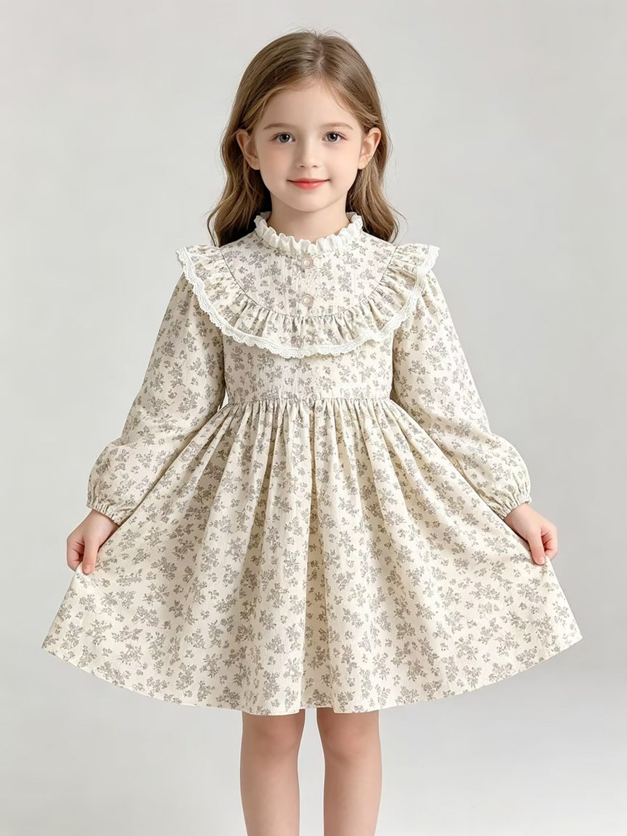 Beige Floral Print Mock Neck Dress