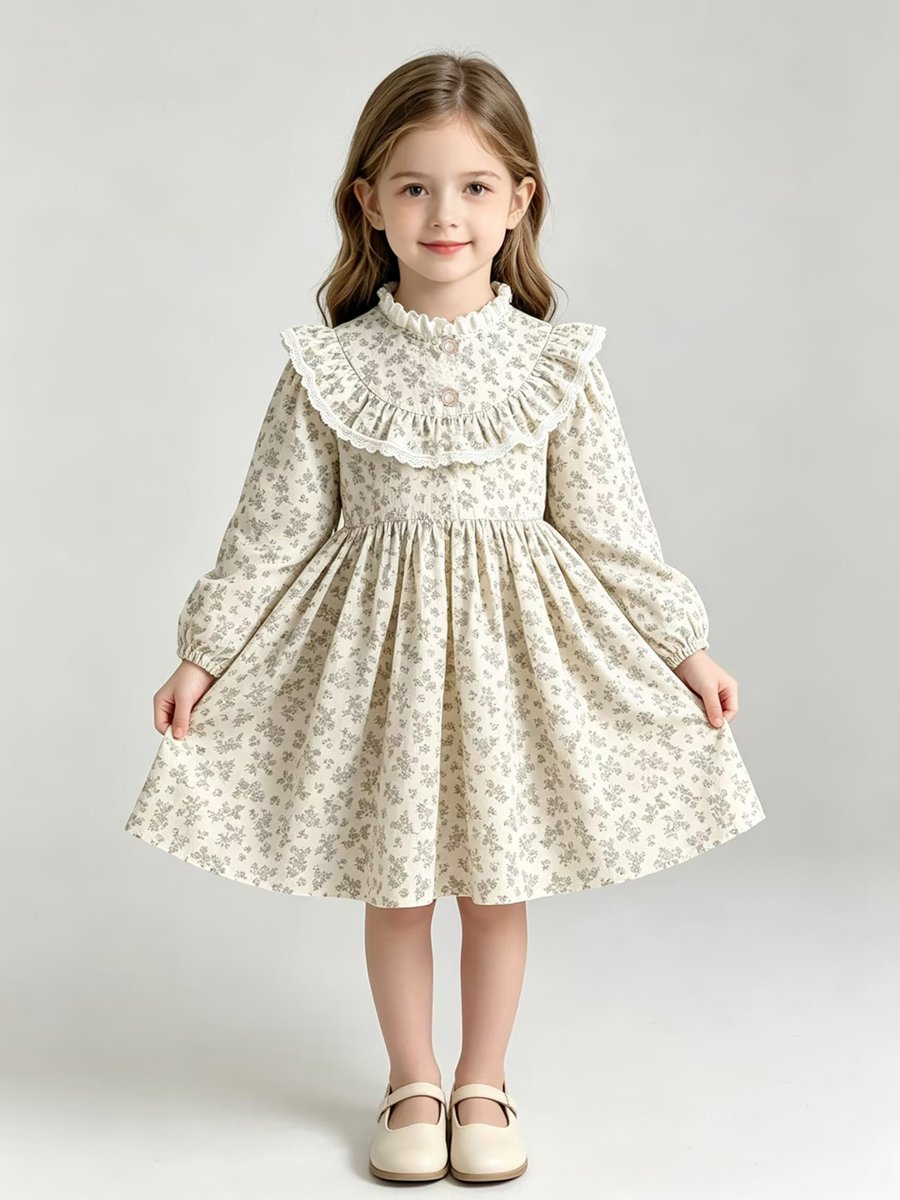Beige Floral Print Mock Neck Dress