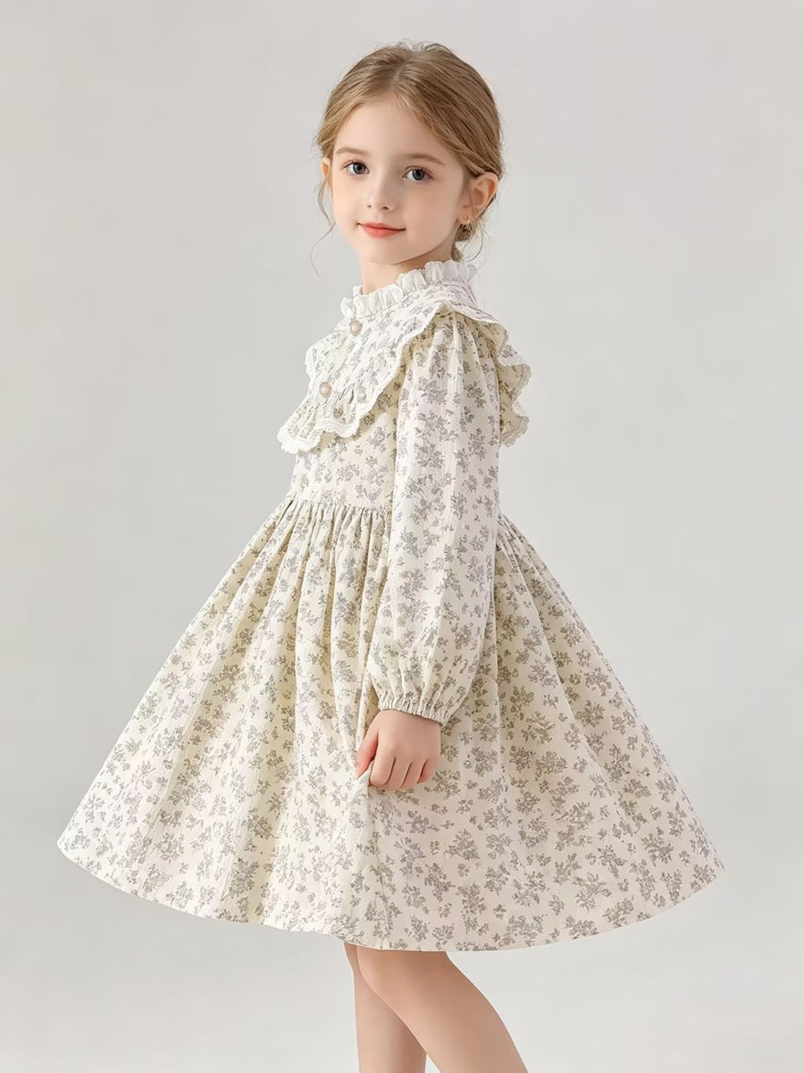 Beige Floral Print Mock Neck Dress
