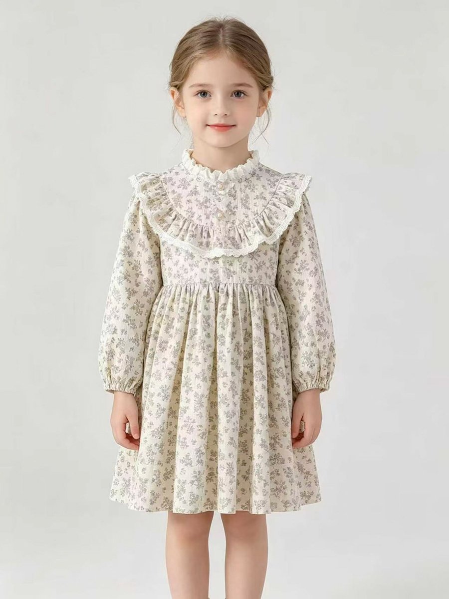 Beige Floral Print Mock Neck Dress