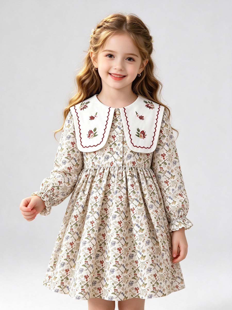 Beige Floral Print Peter Pan Collar Dress