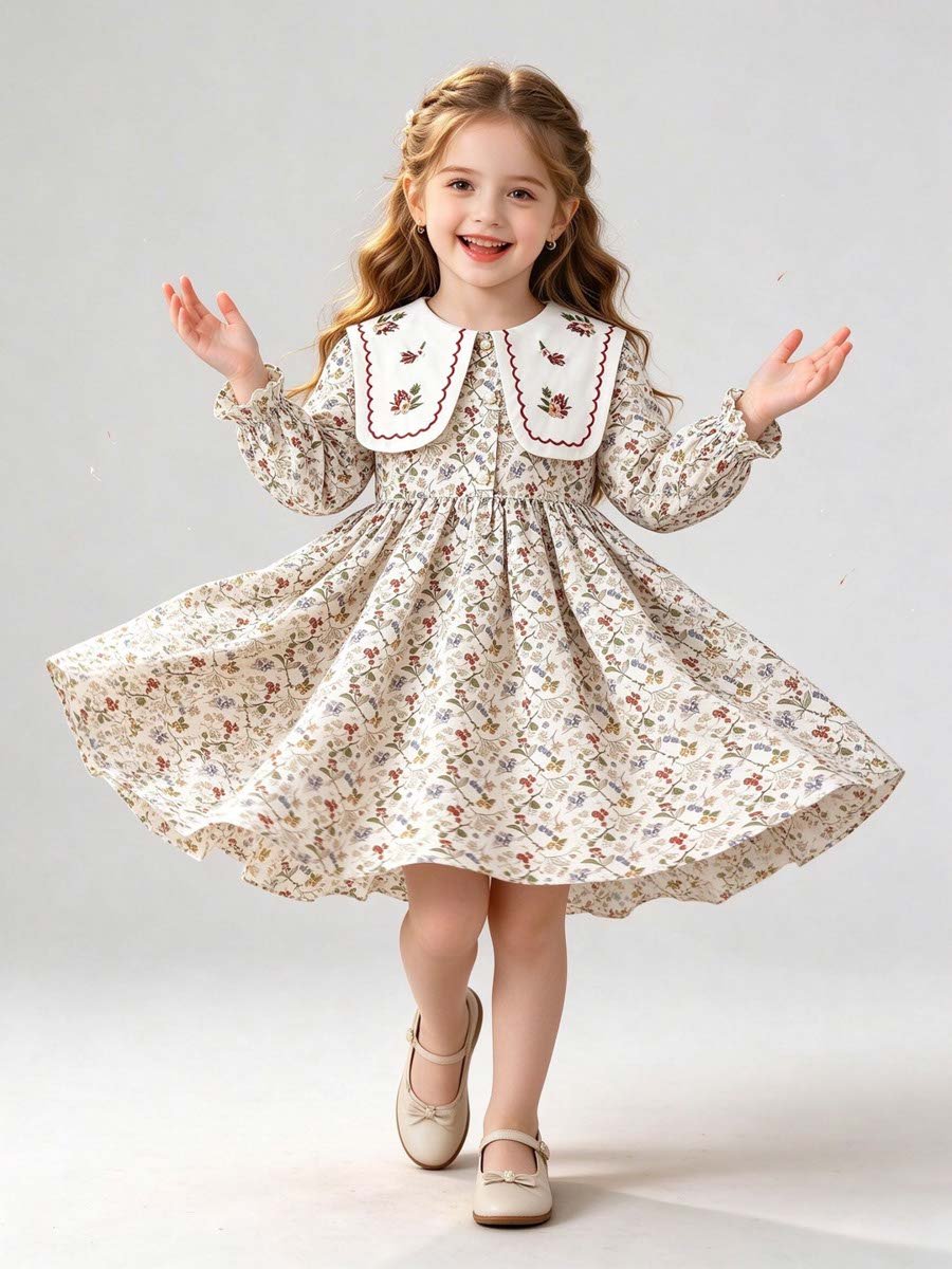 Beige Floral Print Peter Pan Collar Dress