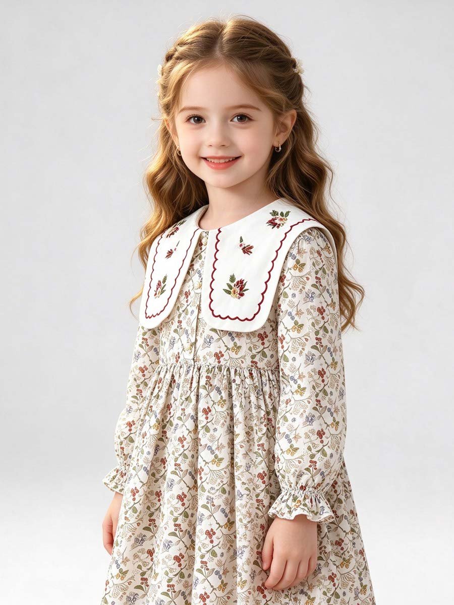 Beige Floral Print Peter Pan Collar Dress