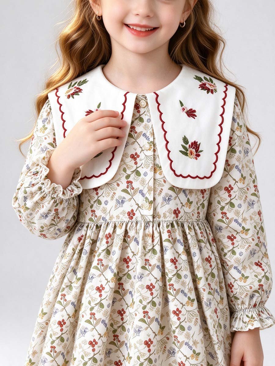 Beige Floral Print Peter Pan Collar Dress