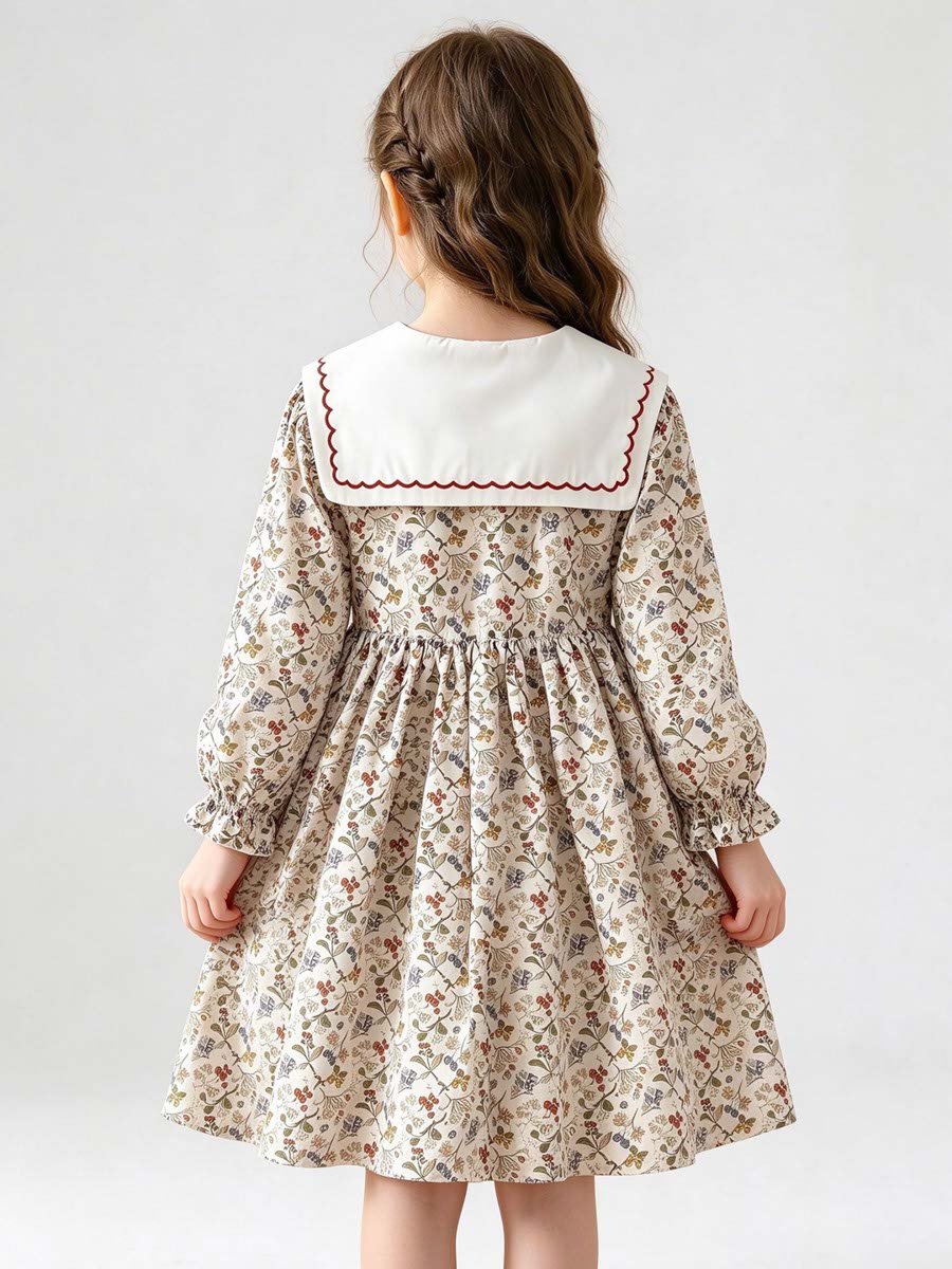 Beige Floral Print Peter Pan Collar Dress