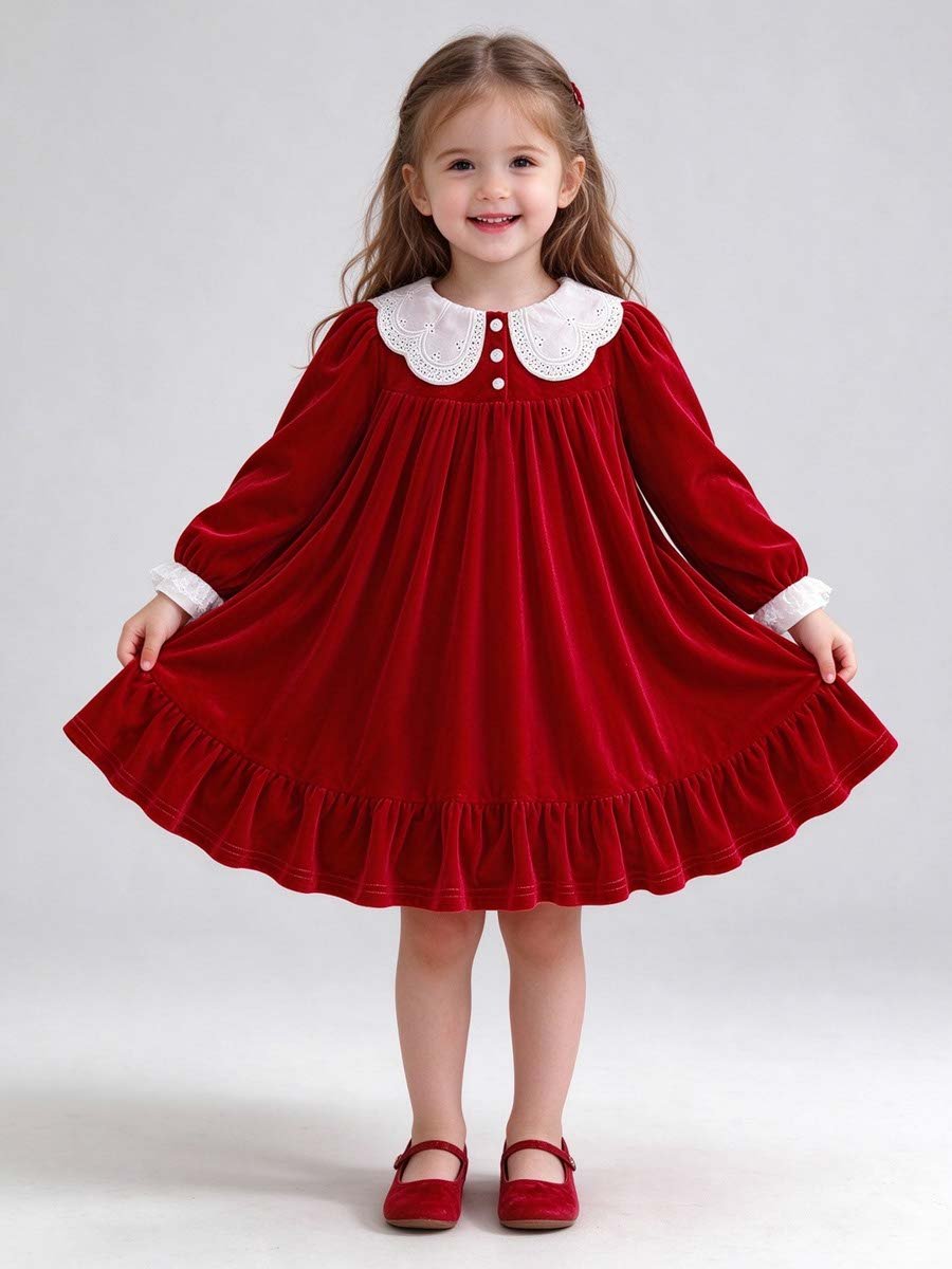 Red Velvet-Look Dress with Lace Collar