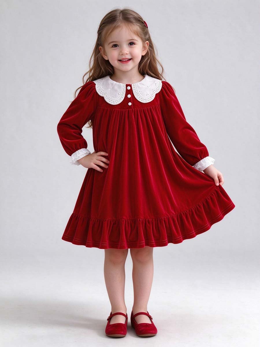 Red Velvet-Look Dress with Lace Collar