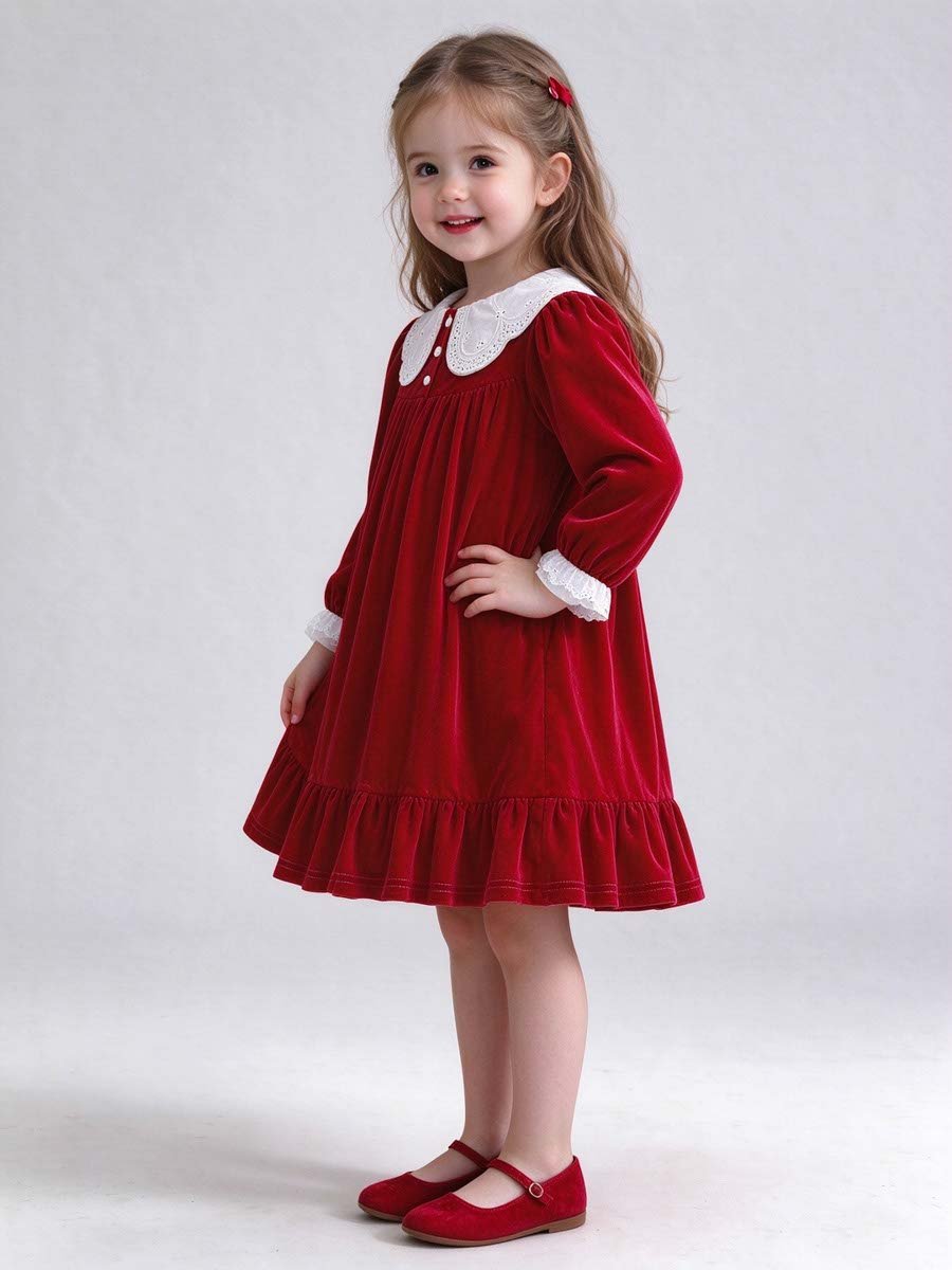 Red Velvet-Look Dress with Lace Collar