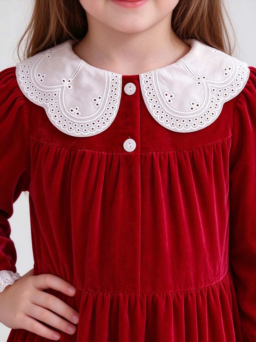 Red Velvet-Look Dress with Lace Collar