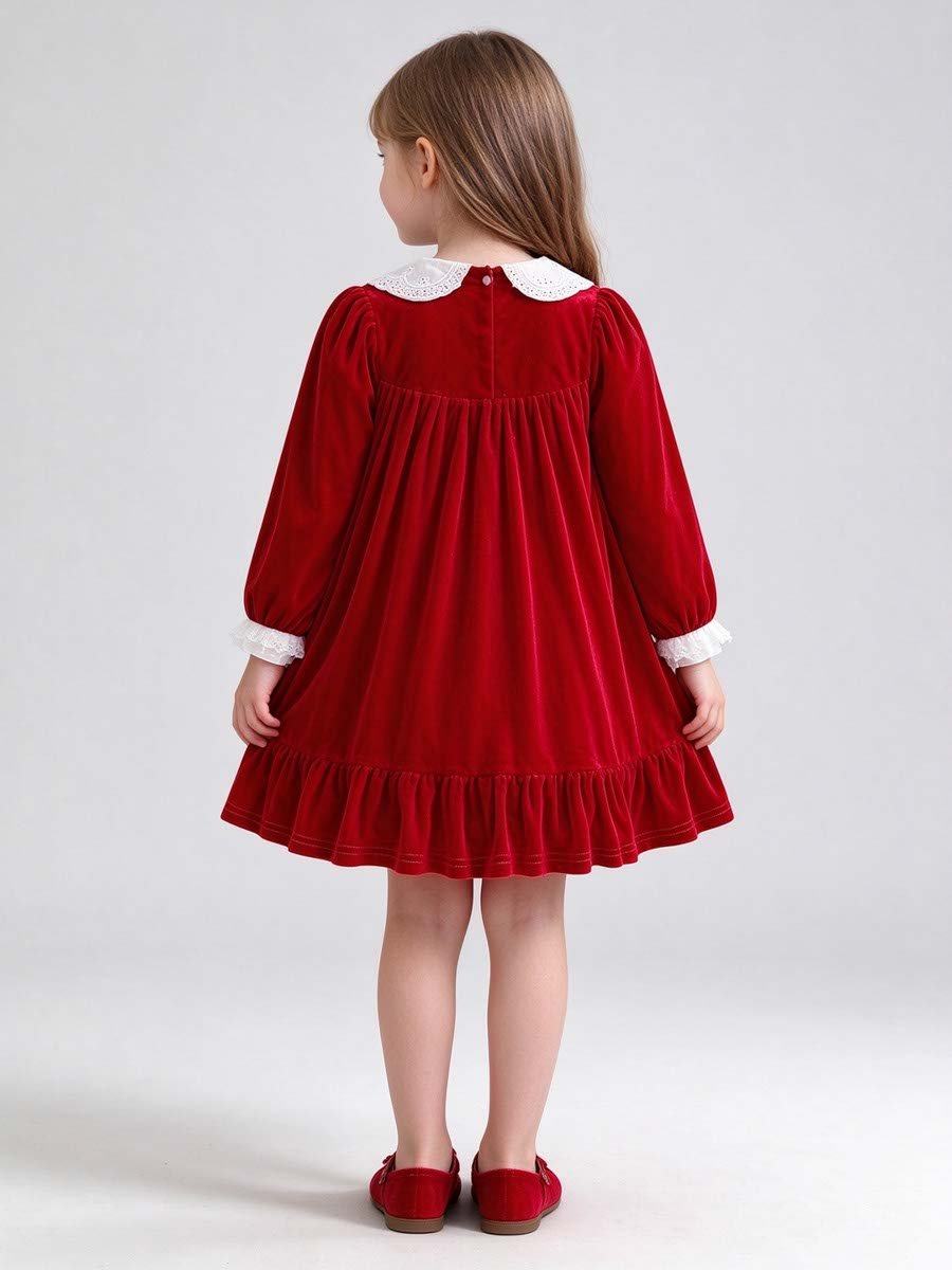 Red Velvet-Look Dress with Lace Collar