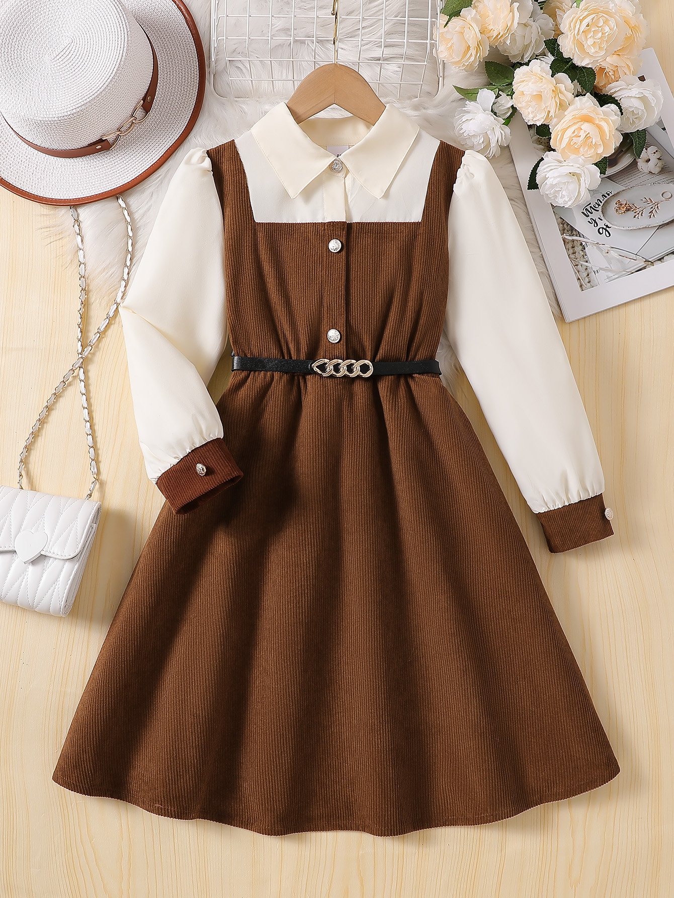 Coffee Brown Corduroy Dress with Long Sleeves