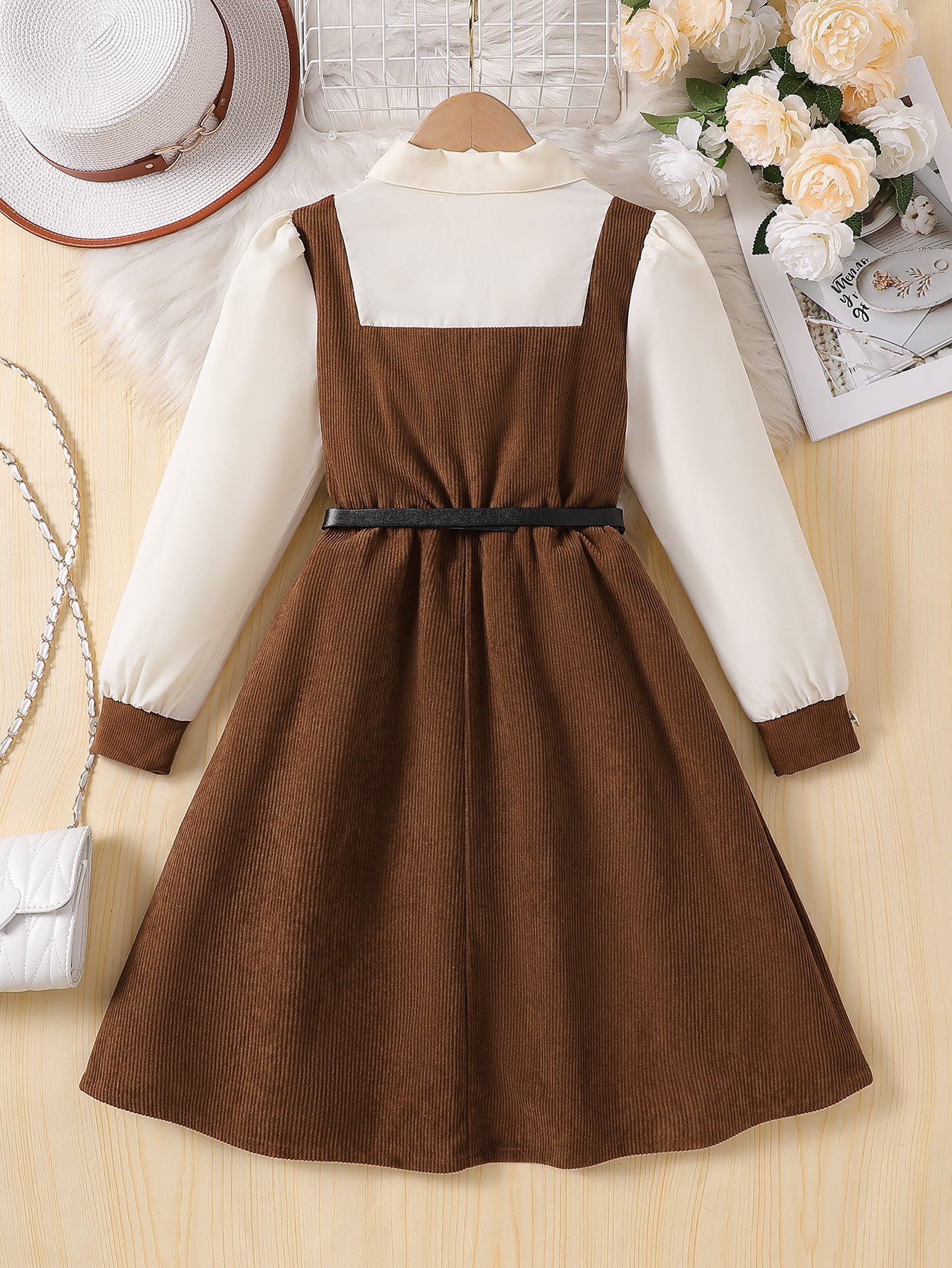 Coffee Brown Corduroy Dress with Long Sleeves