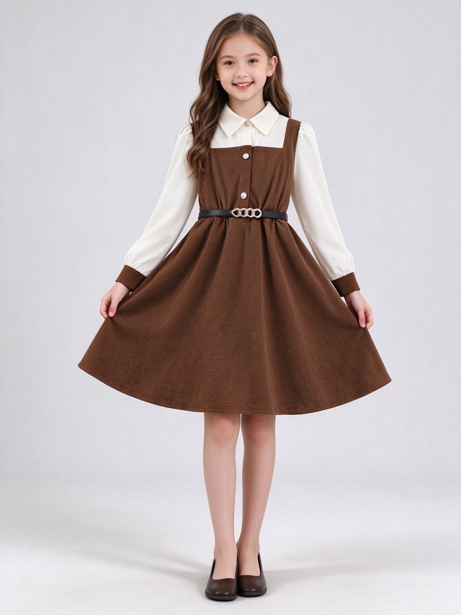 Coffee Brown Corduroy Dress with Long Sleeves