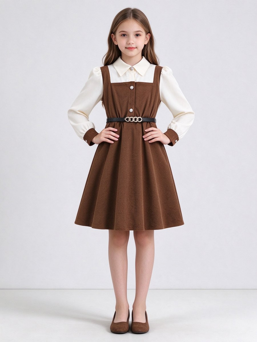 Coffee Brown Corduroy Dress with Long Sleeves