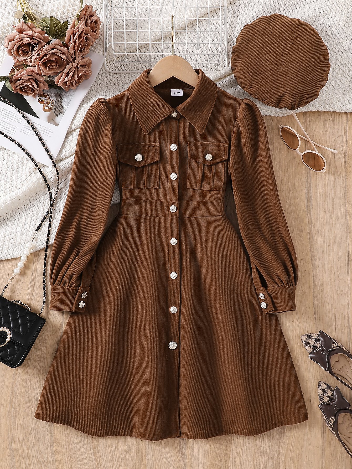 Coffee Brown Corduroy Fit and Flare Dress