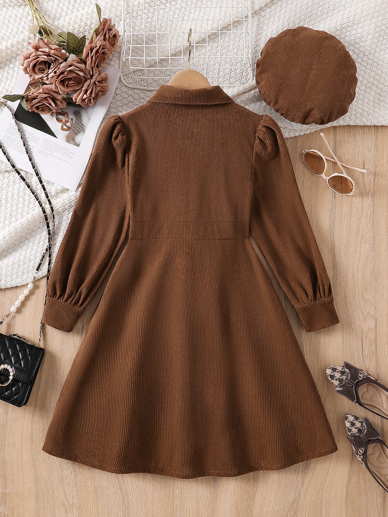 Coffee Brown Corduroy Fit and Flare Dress
