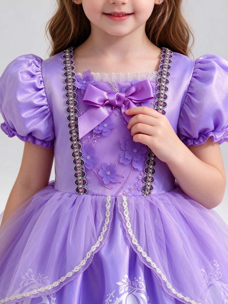 Purple Puff Sleeve Mesh Insert Dress