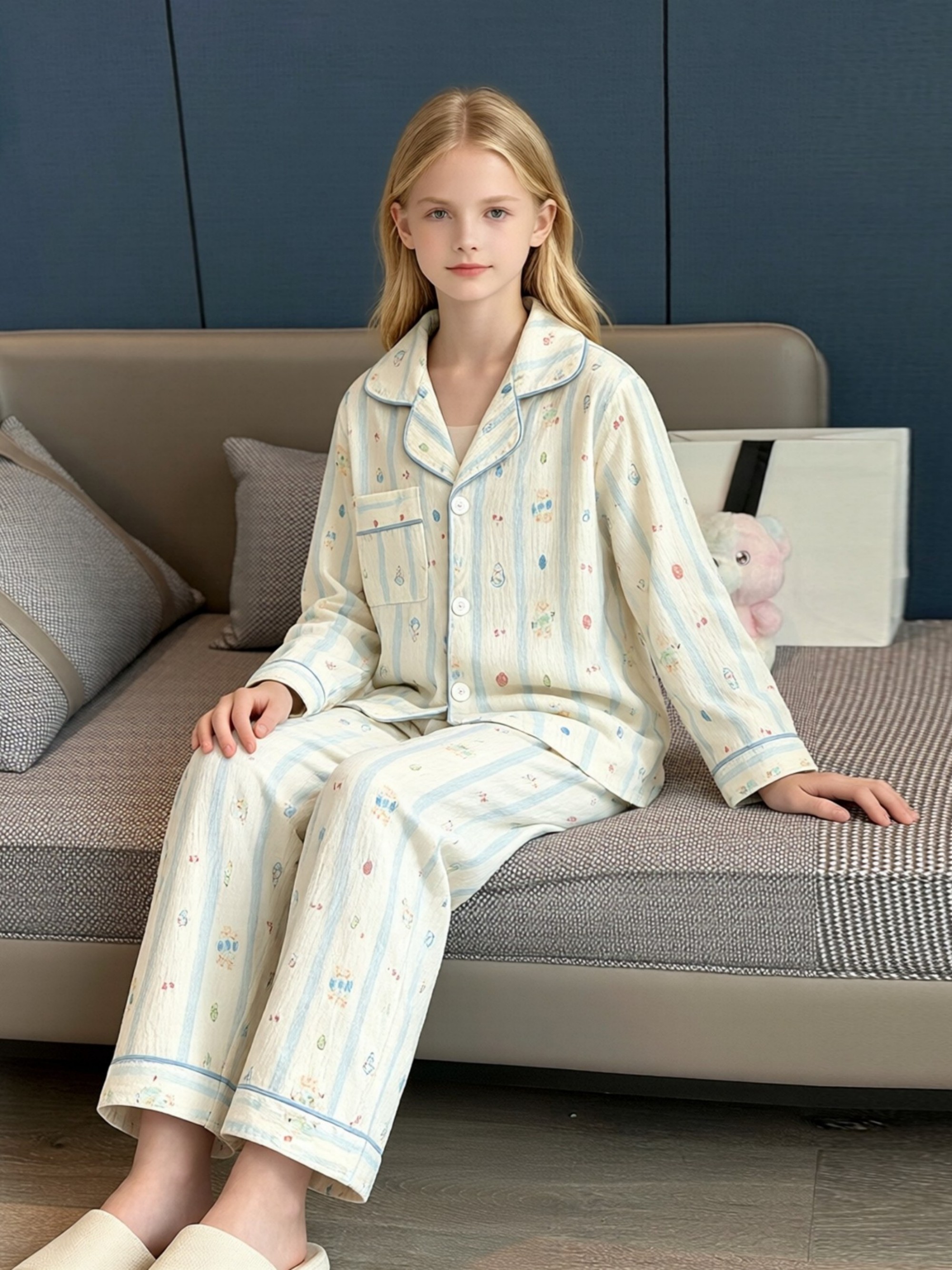 Girls Multi-Color Striped Long Sleeve Shirt and Pants Pyjama Set