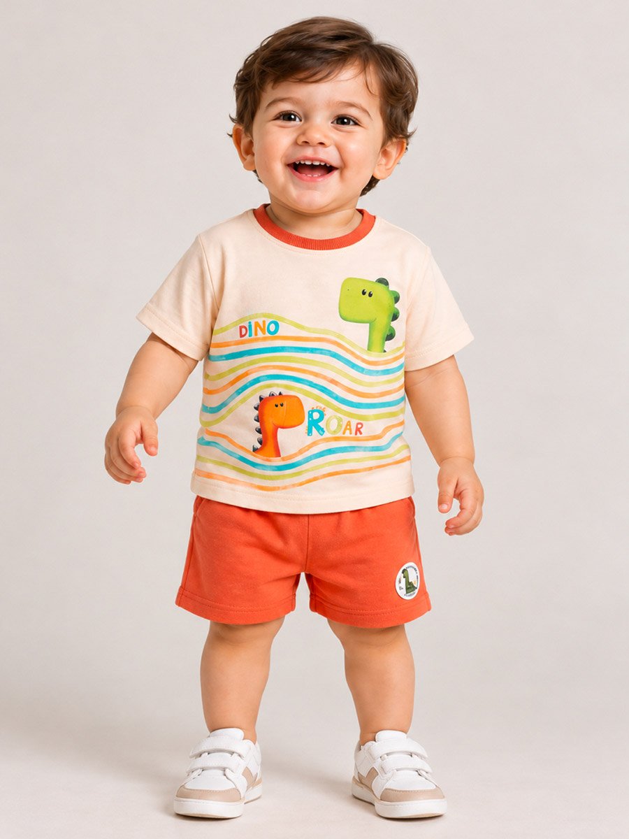 Baby Boy Orange Dino Cotton T-Shirt and Shorts Set