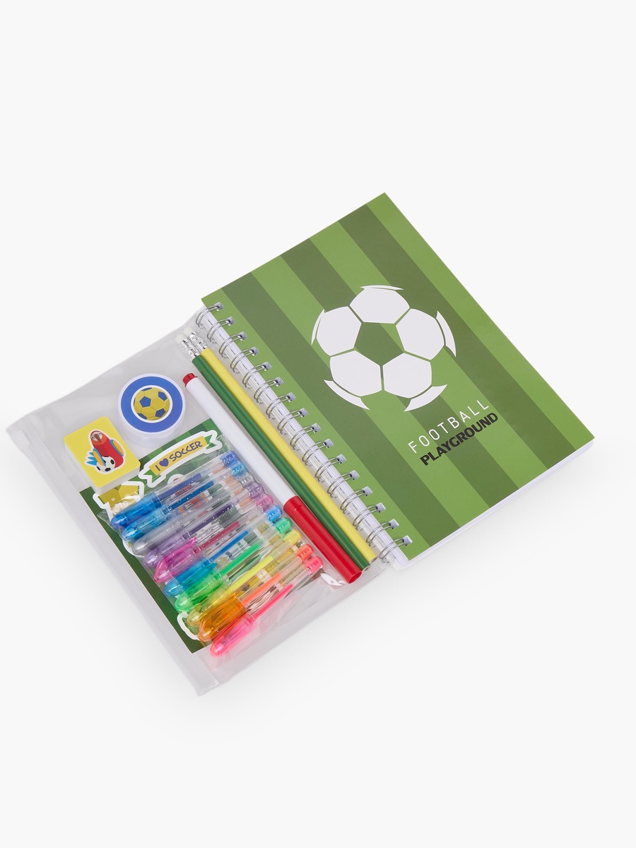 Football Print Stationery Set with Notebook, Pens, Sticker Sheet and Eraser - 17-Piece