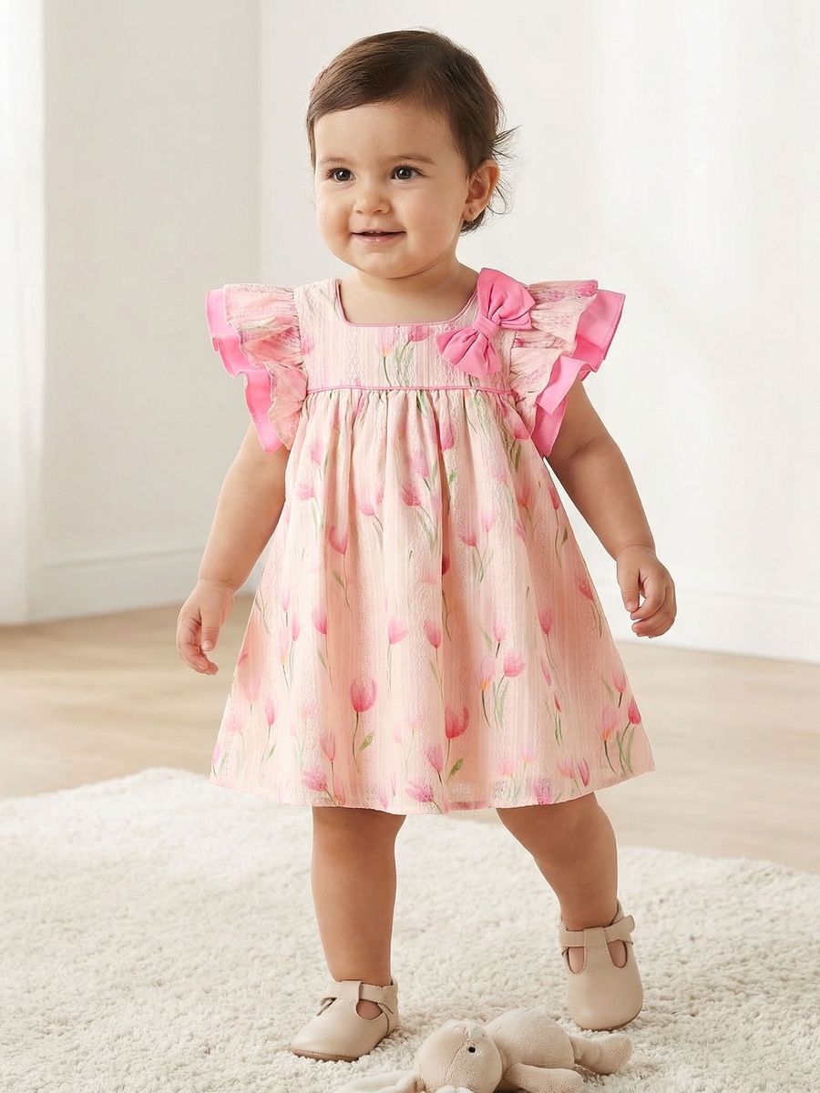 Square Neck Short Sleeves Dress with Floral Print