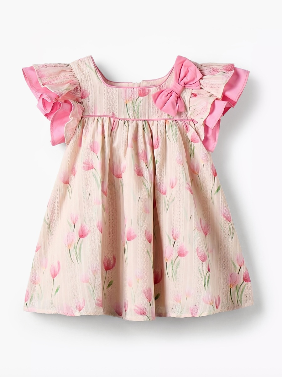 Square Neck Short Sleeves Dress with Floral Print