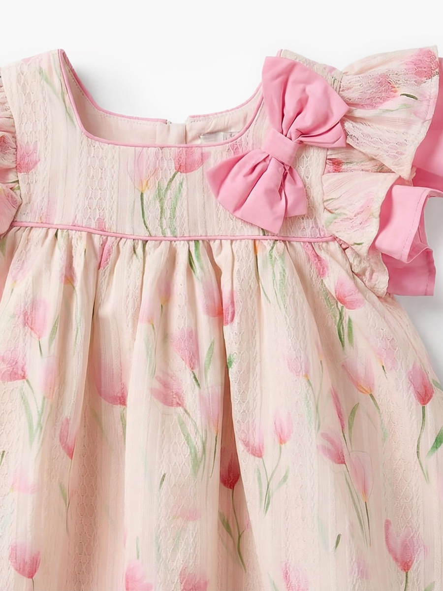 Square Neck Short Sleeves Dress with Floral Print